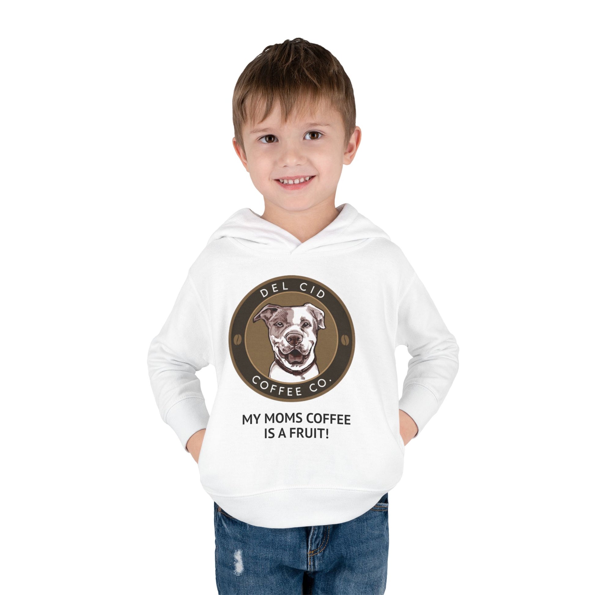 Toddler Hoodie — "My Mom's Coffee Is a Fruit" Dog Coffee Logo Pullover