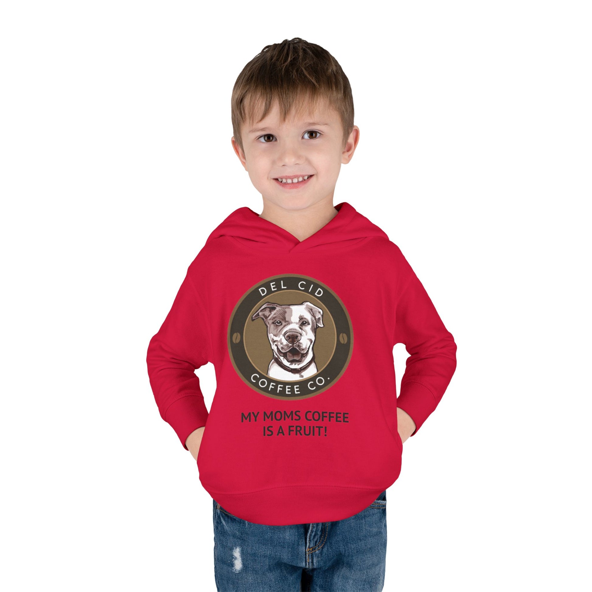 Toddler Hoodie — "My Mom's Coffee Is a Fruit" Dog Coffee Logo Pullover