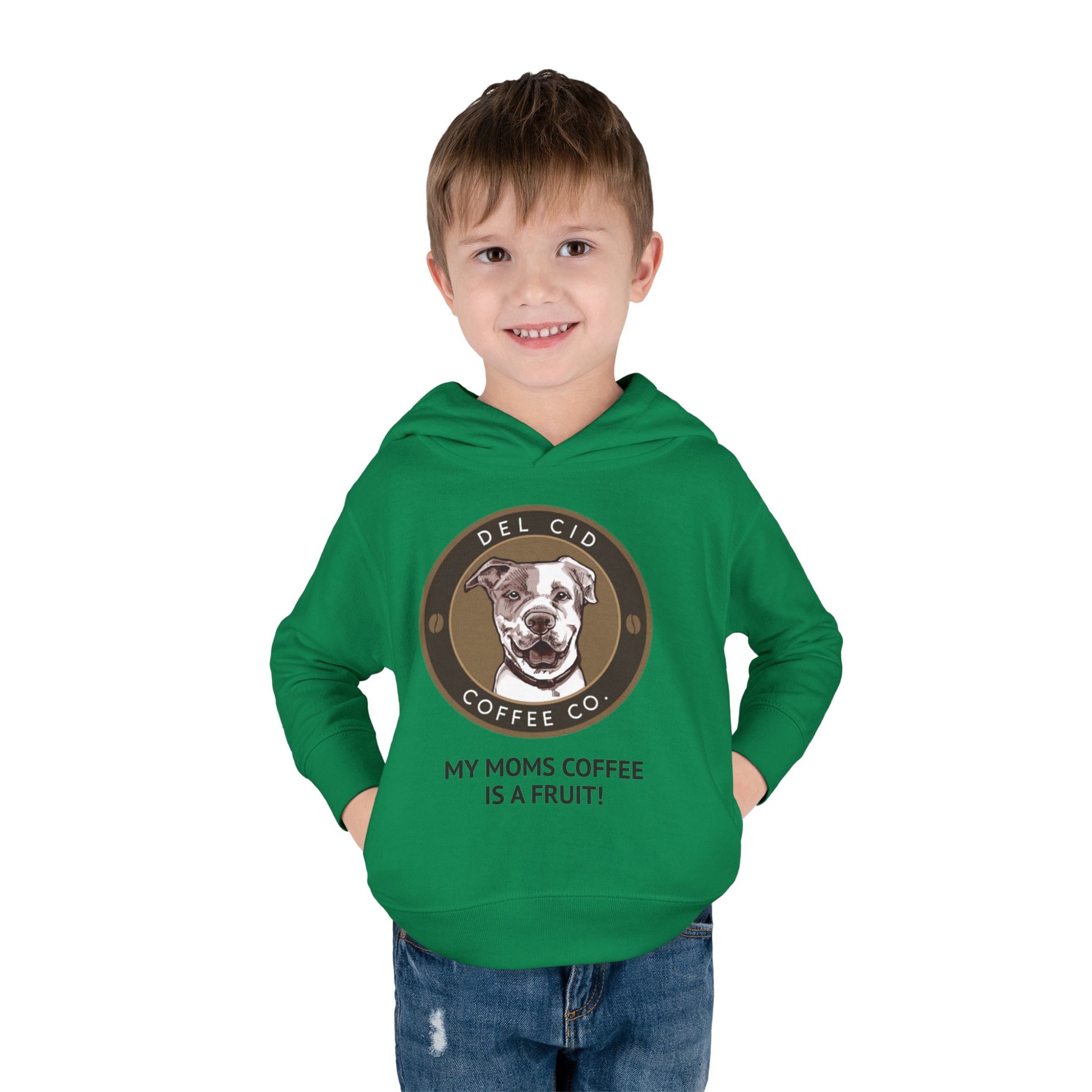 Toddler Hoodie — "My Mom's Coffee Is a Fruit" Dog Coffee Logo Pullover
