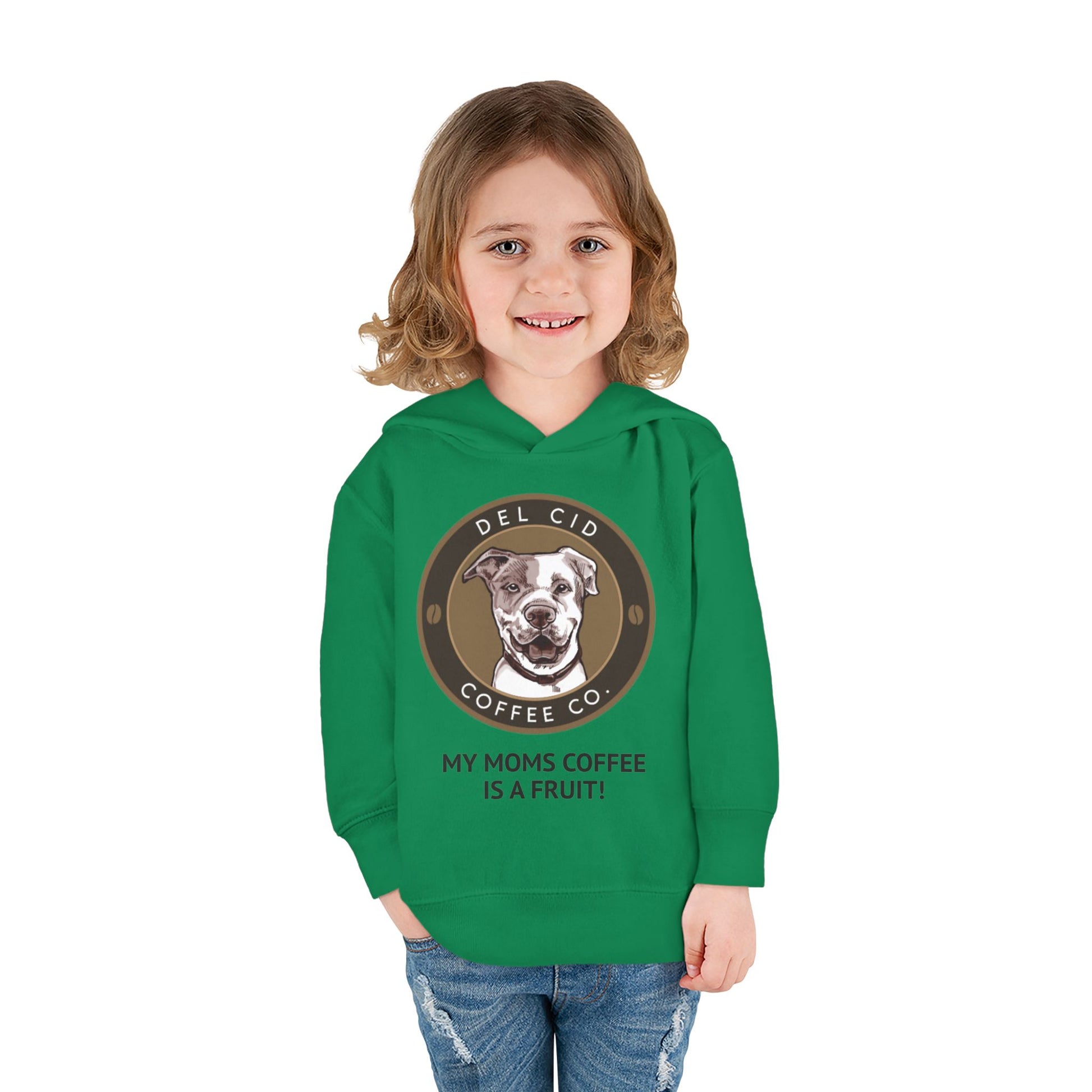 Toddler Hoodie — "My Mom's Coffee Is a Fruit" Dog Coffee Logo Pullover