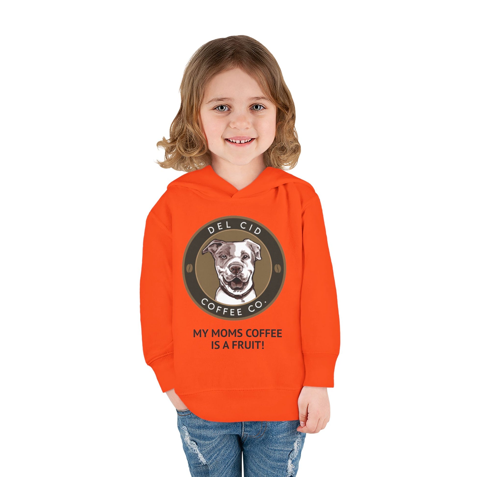 Toddler Hoodie — "My Mom's Coffee Is a Fruit" Dog Coffee Logo Pullover